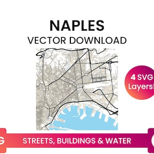 Stratennetwerk, Voetafdrukken van gebouwen &waterbodies van Napels, Italië | City Street Map Multi-Layer SVG-bestand | Vector downloaden