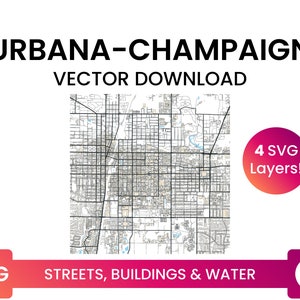 Straßennetz, Gebäudegrundrisse & Gewässer von Urbana-Champaign, Illinois, USA | Stadtplan Multi-Layer SVG Datei | Vektor Download