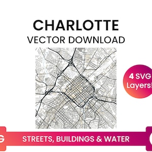 Stratennetwerk, voetafdrukken van gebouwen en waterlichamen van Charlotte, North Carolina | Stad stratenplan Multi-Layer SVG-bestand | Vector downloaden