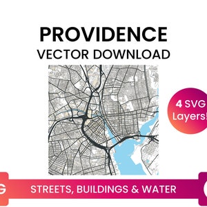 Réseau de rues, empreintes de bâtiments et plans d’eau de Providence, Rhode Island | Carte de la ville Fichier SVG multicouche | Vector Télécharger
