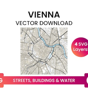 Street Network, Building Footprints & Waterbodies of Vienna, Austria | City Street Map Multi-Layer SVG File | Vector Download