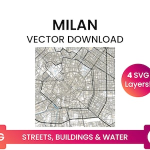 Stratennetwerk, Voetafdrukken van gebouwen &Waterbodies van Milaan, Italië | City Street Map Multi-Layer SVG-bestand | Vector downloaden