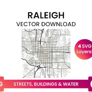 Stratennetwerk, Voetafdrukken van gebouwen & waterlichamen van Raleigh, North Carolina | City Street Map Multi-Layer SVG-bestand | Vector downloaden