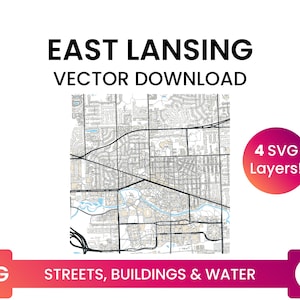 Stratennetwerk, Voetafdrukken van gebouwen & waterlichamen van East Lansing, Michigan | City Street Map Multi-Layer SVG-bestand | Vector downloaden