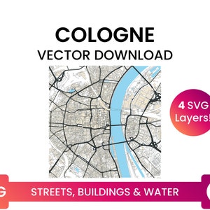 Stratennetwerk, Voetafdrukken van gebouwen &waterlichamen van Keulen, Duitsland | City Street Map Multi-Layer SVG-bestand | Vector downloaden