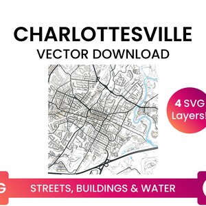 Stratennetwerk, Voetafdrukken bouwen & waterlichamen van Charlottesville, Virginia | City Street Map Multi-Layer SVG-bestand | Vector downloaden