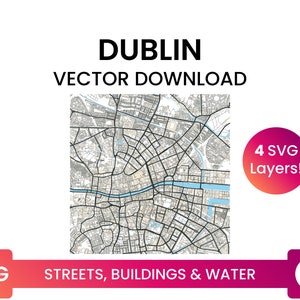 Straßennetz, Gebäudegrundrisse & Gewässer von Dublin, Irland | Stadtplan Multi-Layer SVG Datei | Vektor Download
