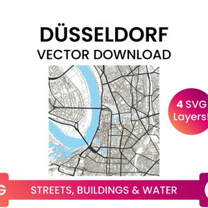 Stratennetwerk, Voetafdrukken van gebouwen &waterlichamen van Düsseldorf, Duitsland | City Street Map Multi-Layer SVG-bestand | Vector downloaden