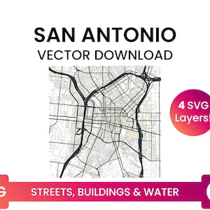 Stratennetwerk, Voetafdrukken van gebouwen & waterlichamen van San Antonio, Texas | City Street Map Multi-Layer SVG-bestand | Vector downloaden