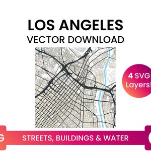 Stratennetwerk, Voetafdrukken bouwen & waterlichamen van Los Angeles, Californië | City Street Map Multi-Layer SVG-bestand | Vector downloaden