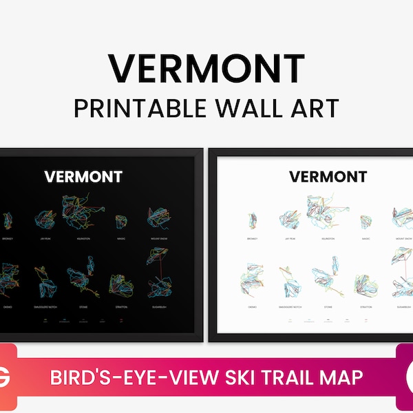 Vermont Ski Resort Mountain Bird's-Eye-View Ski Trail Map Poster, Killington, Stowe, Okemo, Jay Peak, Sugarbush | Printable Wall Art