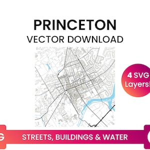 Stratennetwerk, Voetafdrukken van gebouwen & waterlichamen van Princeton, New Jersey | City Street Map Multi-Layer SVG-bestand | Vector downloaden