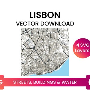 Stratennetwerk, Voetafdrukken van gebouwen &en waterlichamen van Lissabon, Portugal | City Street Map Multi-Layer SVG-bestand | Vector downloaden