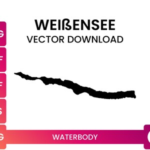 Könnte beinhalten: Schwarze Vektorillustration eines Gewässers, bezeichnet als Weißensee, mit dem Text „VECTOR DOWNLOAD“. Das Bild enthält Dateitypoptionen: SVG, DXF, PDF, EPS und PNG, mit einem Download-Symbol.