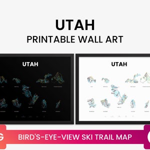 Utah Ski Resort Mountain Bird's-Eye-View Ski Trail Kaart Poster, Snowbird, Deer Valley, Park City, Alta, Sundance | Bedrukbare kunst aan de muur