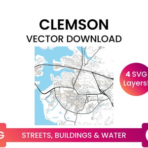 Street Network, Building Footprints &Waterbodies of Clemson, South Carolina | City Street Map Multi-Layer SVG-bestand | Vector downloaden