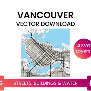 Red de calles, huellas de edificios y cuerpos de agua de Vancouver, Columbia Británica / City Street Map Archivo SVG multicapa / Descarga vectorial