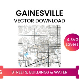 Stratennetwerk, Voetafdrukken van gebouwen & waterlichamen van Gainesville, Florida | City Street Map Multi-Layer SVG-bestand | Vector downloaden