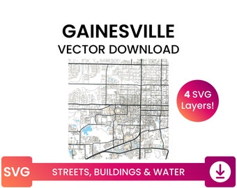 Street Network, Building Footprints & Waterbodies of Gainesville, Florida | City Street Map Multi-Layer SVG File | Vector Download