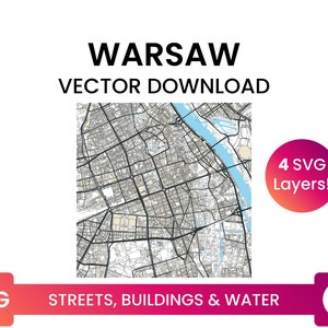 Stratennetwerk, Voetafdrukken van gebouwen &waterlichamen van Warschau, Polen | City Street Map Multi-Layer SVG-bestand | Vector downloaden