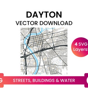 Stratennetwerk, Voetafdrukken van gebouwen & waterlichamen van Dayton, Ohio | City Street Map Multi-Layer SVG-bestand | Vector downloaden
