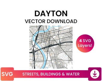 Street Network, Building Footprints & Waterbodies of Dayton, Ohio | City Street Map Multi-Layer SVG File | Vector Download