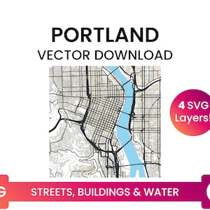 Stratennetwerk, Voetafdrukken van gebouwen & waterlichamen van Portland, Oregon | City Street Map Multi-Layer SVG-bestand | Vector downloaden