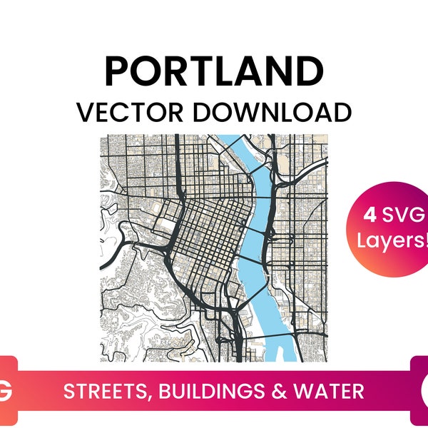 Street Network, Building Footprints & Waterbodies of Portland, Oregon | City Street Map Multi-Layer SVG File | Vector Download