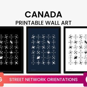 Puede incluir: Tres impresiones de arte de pared imprimibles de un mapa de Canadá que muestra las orientaciones de la red de calles. Las impresiones son en blanco y negro, azul y blanco, y blanco. El título "CANADA PRINTABLE WALL ART" está en la parte superior de la imagen. El texto "STREET NETWORK ORIENTATIONS" está en la parte inferior de la imagen.