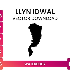 May include: A black and white vector illustration of Llyn Idwal, a lake in Wales. The image is labelled "WATERBODY" and includes a download icon.