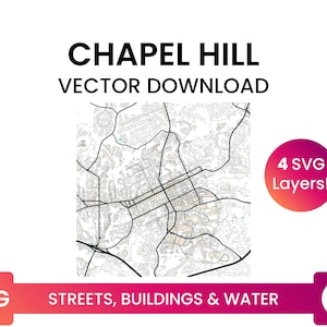 Stratennetwerk, Voetafdrukken van gebouwen & waterlichamen van Chapel Hill, North Carolina | City Street Map Multi-Layer SVG-bestand | Vector downloaden