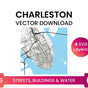 Street Network, Building Footprints &Waterbodies of Charleston, South Carolina | City Street Map Multi-Layer SVG-bestand | Vector downloaden