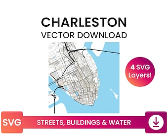 May include: A detailed black and white map of Charleston, South Carolina, with the text "CHARLESTON VECTOR DOWNLOAD" at the top. The image includes the text "4 SVG Layers!" and "SVG STREETS, BUILDINGS & WATER".