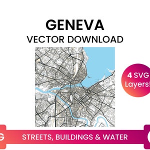 Stratennetwerk, Voetafdrukken van gebouwen &waterlichamen van Genève, Zwitserland | City Street Map Multi-Layer SVG-bestand | Vector downloaden