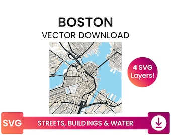 Street Network, Building Footprints & Waterbodies of Boston, Massachusetts | City Street Map Multi-Layer SVG File | Vector Download