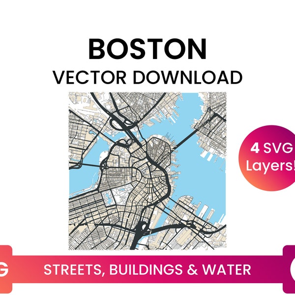 Street Network, Building Footprints & Waterbodies of Boston, Massachusetts | City Street Map Multi-Layer SVG File | Vector Download