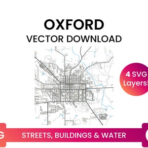 Stratennetwerk, Voetafdrukken van gebouwen & waterlichamen van Oxford, Ohio | City Street Map Multi-Layer SVG-bestand | Vector downloaden