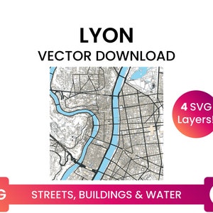 Stratennetwerk, Voetafdrukken van gebouwen & waterlichamen van Lyon, Frankrijk | City Street Map Multi-Layer SVG-bestand | Vector downloaden