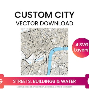 Custom Street Network, Building Footprints & Waterbodies of a Place of Your Choice | City Street Map Multi-Layer SVG File | Vector Download