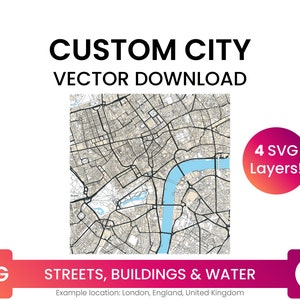 Rede de ruas personalizada, planta de edifícios e corpos d'água de um local de sua escolha | Arquivo SVG multicamadas de mapa de ruas da cidade | Download vetorial