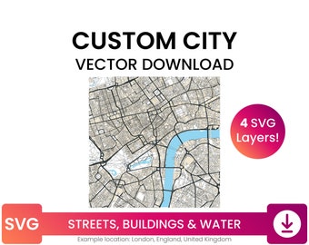 Custom Street Network, Building Footprints & Waterbodies of a Place of Your Choice | City Street Map Multi-Layer SVG File | Vector Download
