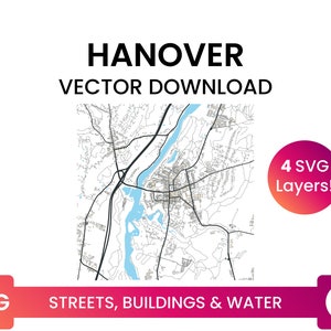 Stratennetwerk, Voetafdrukken van gebouwen &slopen van Hannover, New Hampshire | City Street Map Multi-Layer SVG-bestand | Vector downloaden