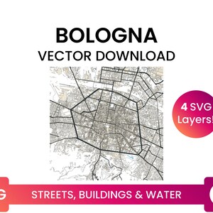 Stratennetwerk, Voetafdrukken van gebouwen &waterlichamen van Bologna, Italië | City Street Map Multi-Layer SVG-bestand | Vector downloaden