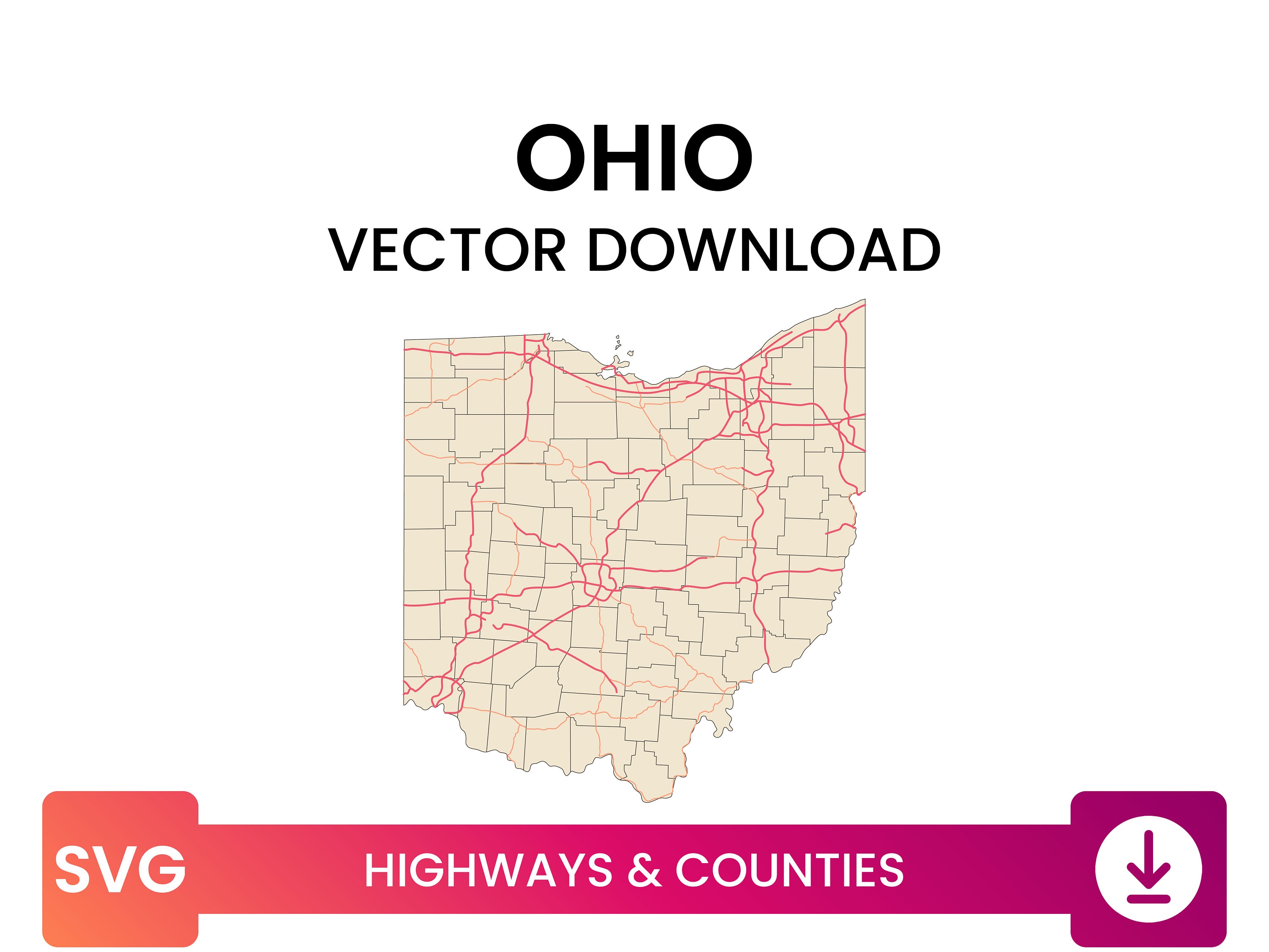 Highways & Counties of Ohio, USA Road Map Multi-layer SVG File Vector