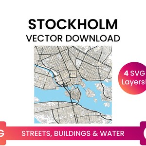 Stratennetwerk, Voetafdrukken van gebouwen & waterlichamen van Stockholm, Zweden | City Street Map Multi-Layer SVG-bestand | Vector downloaden