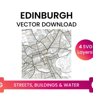 Rede de ruas, pegadas de edifícios e corpos d'água de Edimburgo, Escócia, Reino Unido | Arquivo SVG multicamadas do mapa de ruas da cidade | Baixar vetor