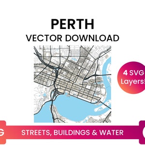 Stratennetwerk, Voetafdrukken van gebouwen & waterlichamen van Perth, Australië | City Street Map Multi-Layer SVG-bestand | Vector downloaden