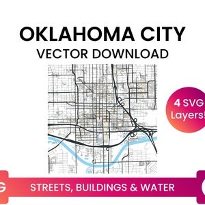 Stratennetwerk, Voetafdrukken bouwen & waterlichamen van Oklahoma City, Oklahoma | City Street Map Multi-Layer SVG-bestand | Vector downloaden