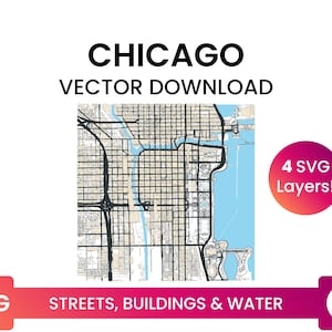 Rede de ruas, pegadas de edifícios e corpos d'água de Chicago, Illinois, EUA | Arquivo SVG multicamadas do mapa de ruas da cidade | Baixar vetor