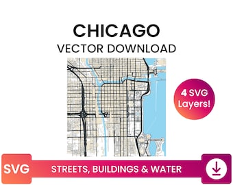 Street Network, Building Footprints & Waterbodies of Chicago, Illinois, USA | City Street Map Multi-Layer SVG File | Vector Download